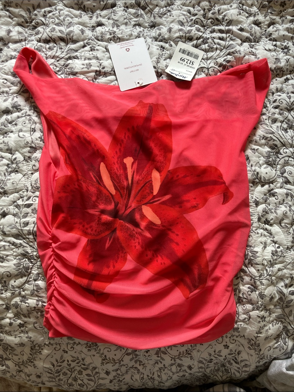 Pink Rose Coral Pink Camisole with Red Floral Print - Ruched Side